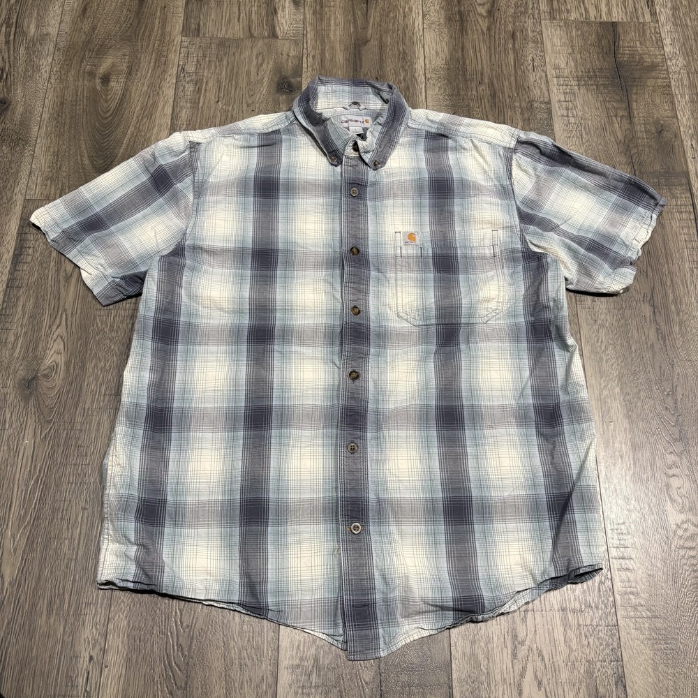 Carhartt Shirt Mens L Blue Plaid Short Sleeve Button Up Relaxed Fit Workwear